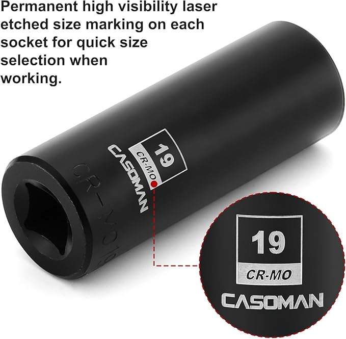 CASOMAN 2PCS 1/2-Inch Drive Deep Impact Socket-19mm, 6-Point, Metric, CR-MO