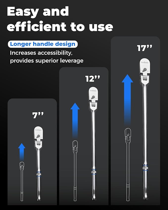 toolant 1/2" Drive Flex Head Ratchet, 90 Tooth Compact Flex Head Socket Ratchet Wrench, 17 Inch Length