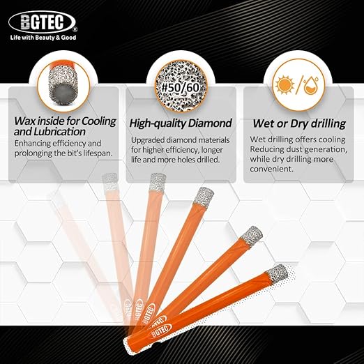 Dry Diamond Drill Bit Set,BGTEC 5pcs 6mm 6mm 8mm 10mm 12mm Hole Saw for Granite,Marble,Masonry, Concrete, Tile/Ceramic, Glass, Hard Plastic,Vacuum Brazed Diamond Core Drill Bit Kit