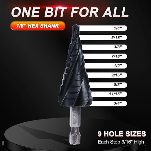 M35 Cobalt Step Drill Bit,Four Spiral Flute Step Drill Bit 1/4"-3/4" （9 Sizes ） Wear-Resistant TiAlN Coated,1/4" Hex Shank Drill for Metal, Stainless Steel, Aluminum, Plastic