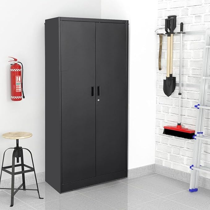 BESFUR Metal Cabinet with 5 Adjustable Shelves and Doors, Locking Storage Cabinet for Garage, Classroom and Office - Black