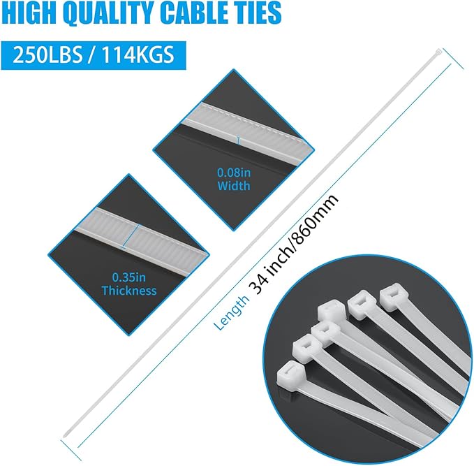 34 inch White Zip Ties Heavy Duty 40 PCS, 250LBS Ultra Exclusive Strong Plastic Wire Ties, Large Cable Ties Extra Long Tie Wraps, Indoor and Outdoor UV Resistant