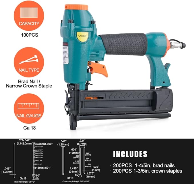 Pneumatic Brad Nailer - 18 Gauge 2-in-1 Nailer, 5/8'' to 2'' Brad Nails and 5/8'' to 1-5/8'' Crown Staples, Safety Glasses and 1000pcs Nails, for Carpentry, DIY, Woodworking