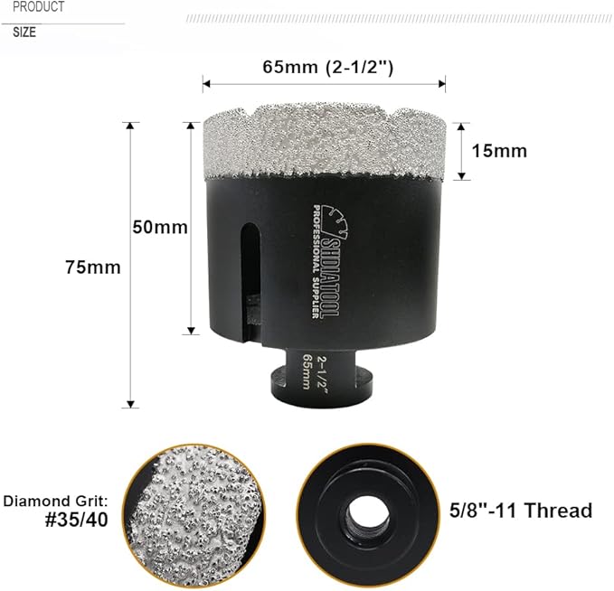 SHDIATOOL Diamond Core Drill Bits 2-1/2 Inch for Porcelain Ceramic Tile Marble Brick Vacuum Brazed Hole Saw 65mm