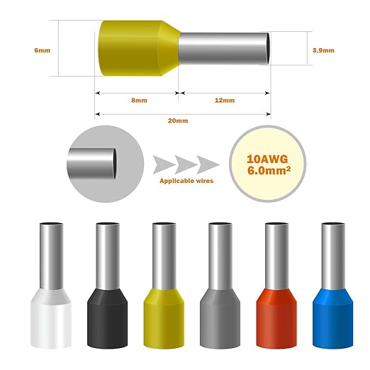 10AWG Wire Ferrule Terminals, 500pcs AWG10/6.0mm² Yellow Terminal Connector,Crimp Pin Cord End Terminals for Electric, Industrial, Chemical Industry, Power Control System, etc.