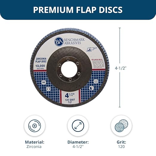 Benchmark Abrasives 4.5" Premium Zirconia Type 27 Flat Flap Discs Grinding Wheels for Sanding Stock Rust Removal Finishing Grinding Deburring Stainless Steel, 7/8" Arbor (10 Pack) - 120 Grit