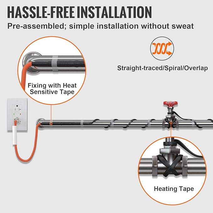 VEVOR Self-Regulating Pipe Heating Cable, 12FT 5W/FT Heat Tape for Pipes Freeze Protection, Water Pipe Heat Cable with Built-in Thermostat Protects PVC Hose, Metal and Plastic Pipe from Freezing
