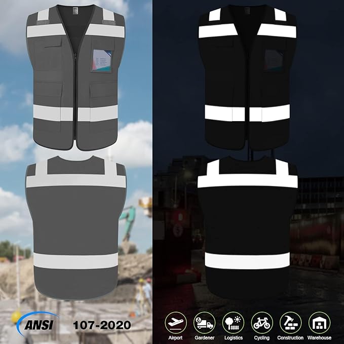 TCCFCCT High Visibility Reflective Safety Vest 5 Pockets - Men & Women, Hi Vis Vest for Construction with Walkie-talkie Strips, ANSI/ISEA Compliant, Grey L