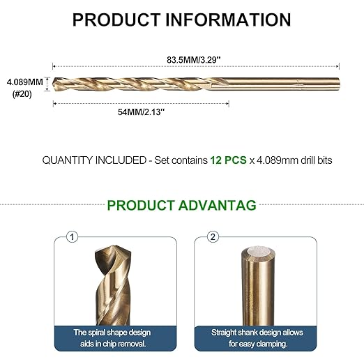 METALLIXITY Drill Bit (#20) 12Pcs, M2 High-Speed Steel Micro Number Bits Spiral Flute 135°Point Tip Gold Finish for Stainless Steel Iron Copper Aluminum Hard Metal