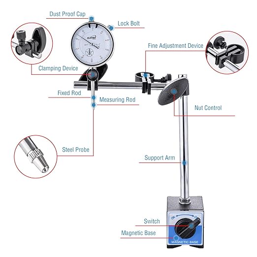 KATSU Tools Dial Indicator with Magnetic Base 0-1.0" Tester Gauge 0.001" Precision, Fine Adjustment, Professional Measuring Toolkit in Storage Case 401112