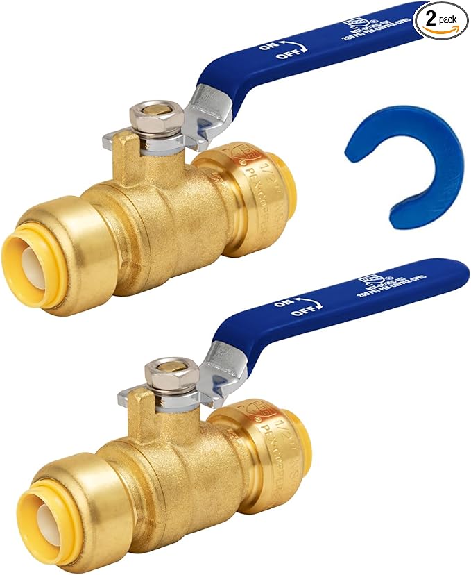 SUNGATOR 1/2" Shut Off Valve, Ball Valve 1/2 Inch, Pushfit Water Shutoff, No Lead Brass Push-to-Connect Plumbing Fittings for Pex Pipe, Copper, CPVC, with 1 Disconnect Clip, Pack of 2