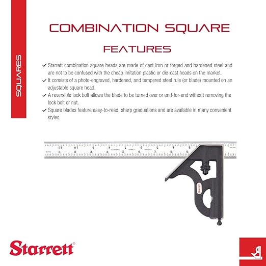 Starrett Steel Combination Square with Square Head - 12" Blade Length, Hardened Steel, Reversible Lock Bolt, Scriber, Spirit Level, 16R Graduation Type - C11H-12-16R