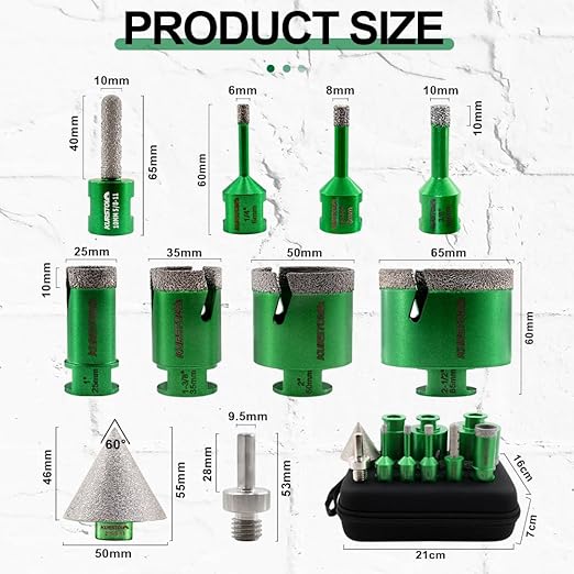 Diamond Core Drill Bits Kit - 10pcs 6/8/10/25/35/50/65mm+2" Beveling Chamfer Bit+1-3/8" Finger Milling Bit+Triangle Adapter to 5/8-11" Thread for Porcelain Ceramic Tile Granite Marble