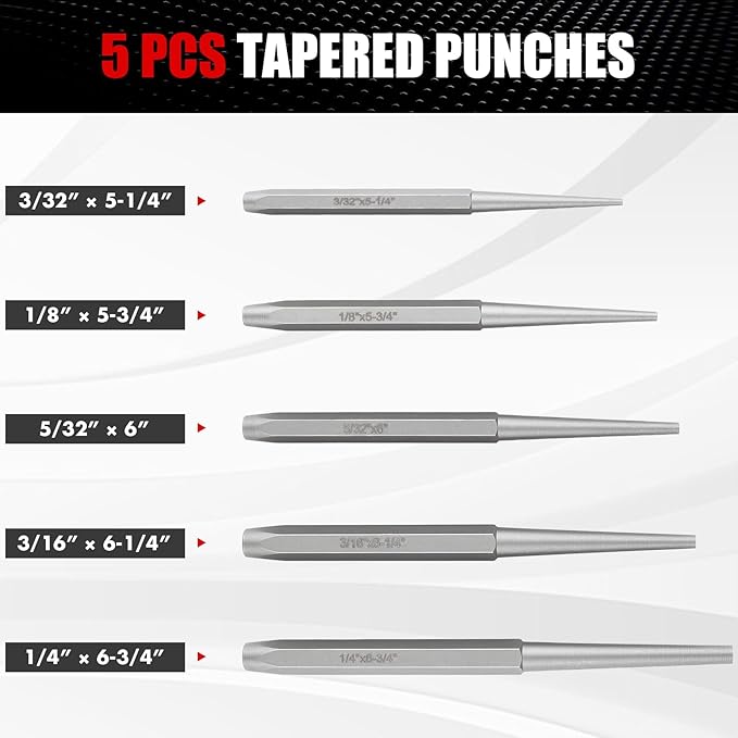16 Pcs Punch and Chisel Set, Including Taper Punch, Center Punch, Pin Punch, Cold Chisels and Chisel Gauge for Mechanic and Metalworking