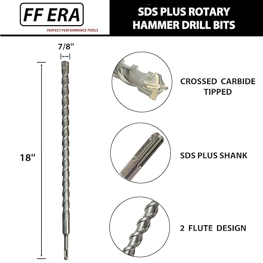 7/8 Inch x 18 Inch SDS Plus Rotary Hammer Drill Bit, Carbide Tipped for Brick, Stone, and Concrete (7/8" x 18")