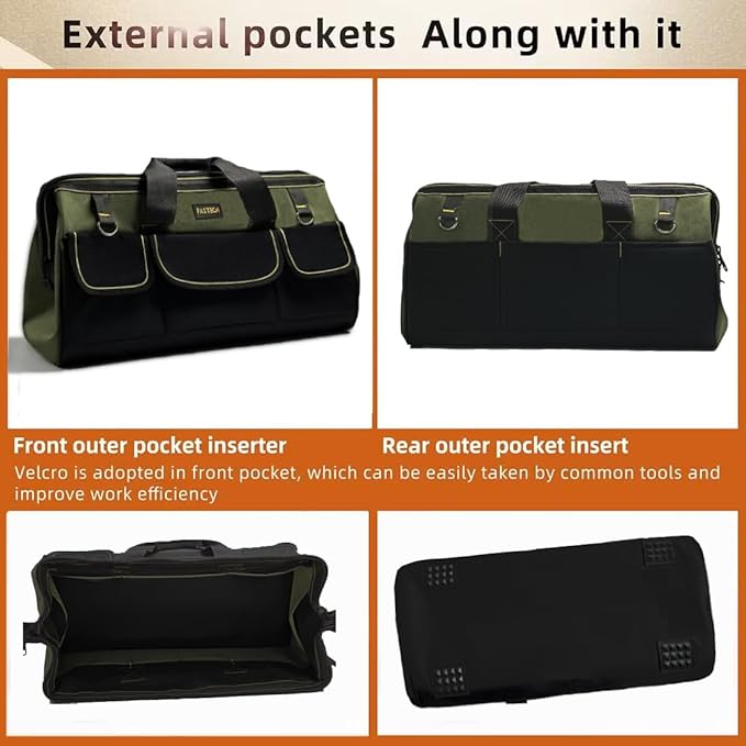 22-inch Wide Mouth Tool Bag with Water Proof Molded Base, Wide Mouth Tool Tote Bag, Waterproof Tool Organizer Bag for Men with Adjustable Shoulder Strap(No Bottom Shell)