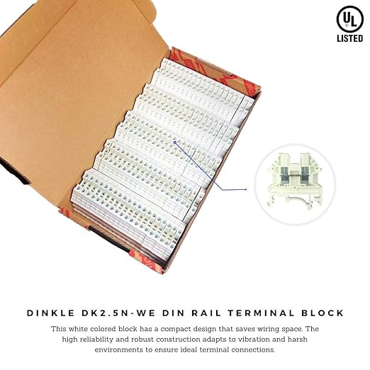 Dinkle White DK2.5N-WE DIN Rail Terminal Block Screw Type UL 600V 20A 12-22AWG, Pack of 100