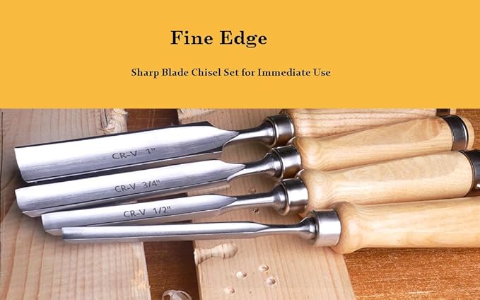 ATOPLEE 4 Pieces Wood Chisel Set for Woodworking, Professional Wood Chisel Tool Carpenter Gouge CR-V Steel Semi-Circular Edge Sharp Blade 8mm(5/16")/12mm(1/2")/18mm(3/4")/25mm(1") (Full Size-4PCS)