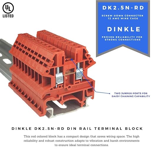 Dinkle UL Listed DIN Rail Terminal Block Kit #1 Red/Black Dinkle 20 DK2.5N 12 AWG Gauge 20A 600V Ground DK2.5N-PE Jumper DSS2.5N-10P End Covers End Brackets
