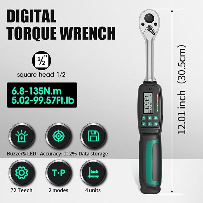 1/2-Inch Drive Digital Torque Wrench, 5-99.5 ft-lb (6.8-135 Nm), ±2% Accuracy - Professional Electronic Wrench with Buzzer & LED Alerts for Precision Automotive, Motorcycle & Engine Work