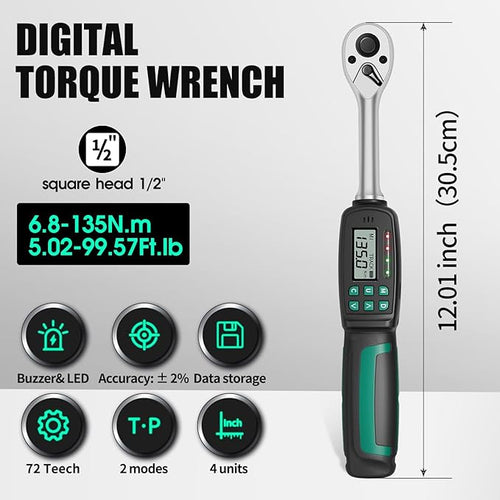 1/2-Inch Drive Digital Torque Wrench, 5-99.5 ft-lb (6.8-135 Nm), ±2% Accuracy - Professional Electronic Wrench with Buzzer & LED Alerts for Precision Automotive, Motorcycle & Engine Work