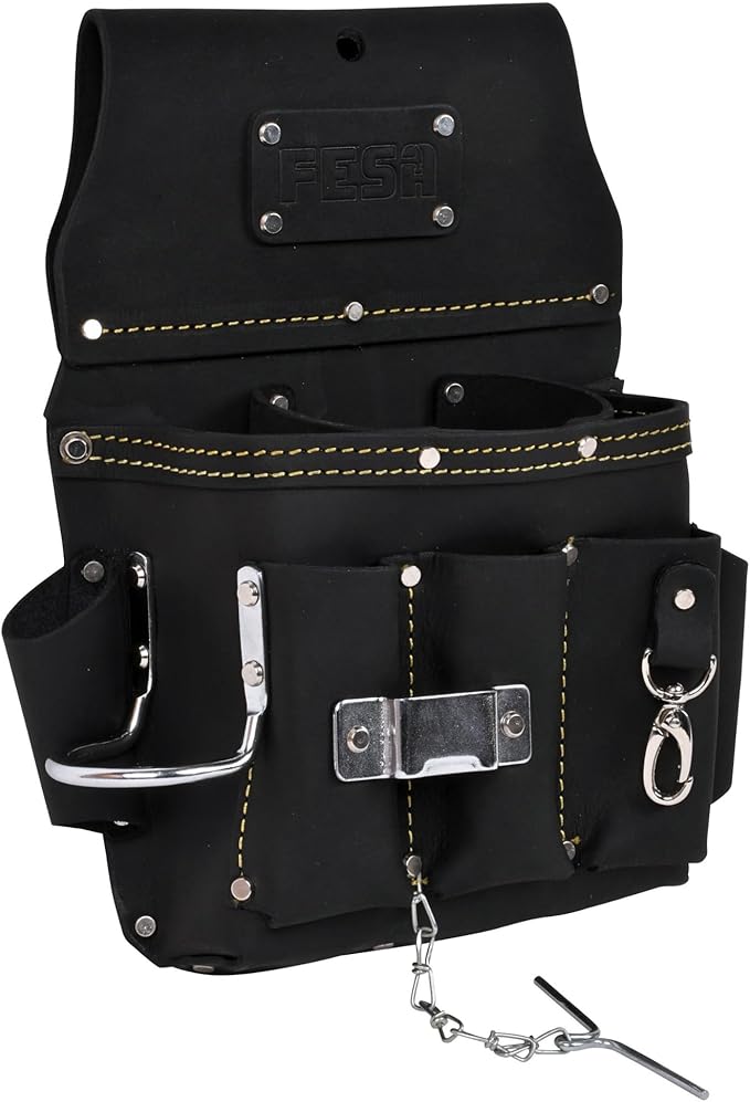 FESA Leather Electrician Tool Pouch - 13-in-1 Top Grain Leather Electrician Pouch w/Steel Hammer Loop, Tape Measure Clip, Tape T-Chain & 6 Pockets - Fits Belts up to 3" - Handcrafted