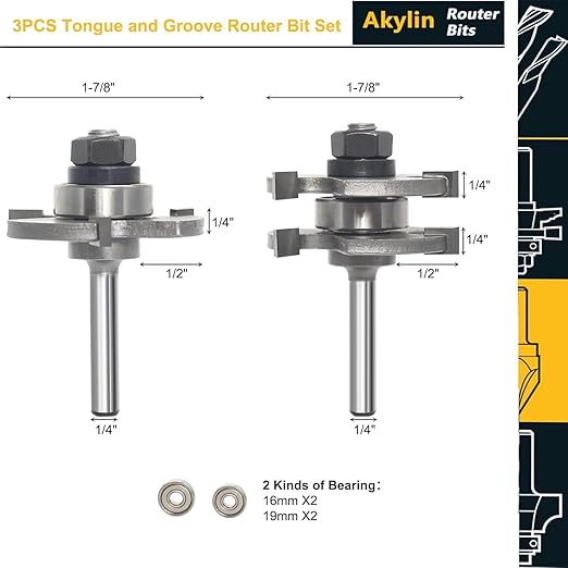 3Pc Tongue and Groove Router Bit Set 1/4 Shank,45 Degree Lock Miter Bit,3 Teeth T Shape Glue Joint Cutter,in Aluminum Case for Wood Cabinet Door/Board Tabletops/Strip Flooring Making