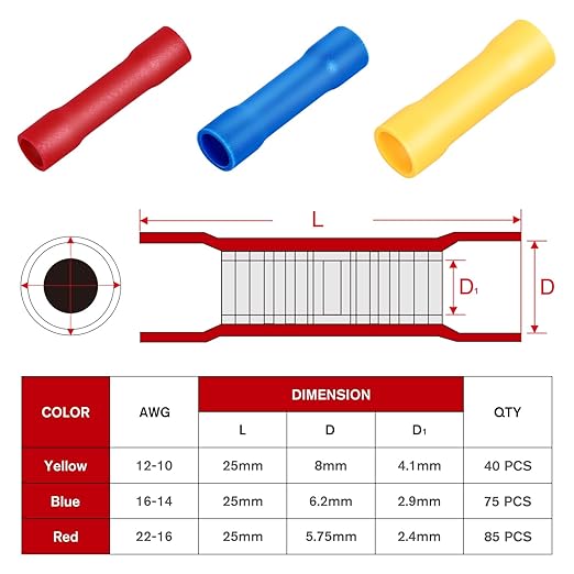 Nilight 200PCS Electrical Butt Connectors AWG 22-10 Insulated Wire Crimp Connector Splice Blue Red Yellow for Automotive Marine Wiring