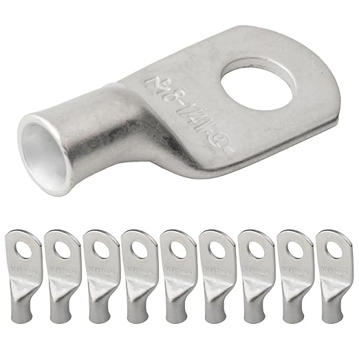 SELTERM 10pcs 8 AWG-1/4 Stud Tinned Copper Wire Lugs, Heavy Duty Battery Cable Ends,8 Gauge Ring Terminals, UL Battery Lugs Marine Grade Copper Eyelets Electrical Battery Terminal Connectors