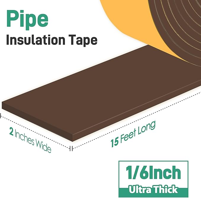 Pipe Insulation Tape, Foam Insulation Tape for Outdoor Pipes Winter Freeze Protection, Foam Pipe Insulation Wrap, Heat Tape for Water Pipes, Copper Pipes, PVC, AC Line, 2in x 15ft, Brown