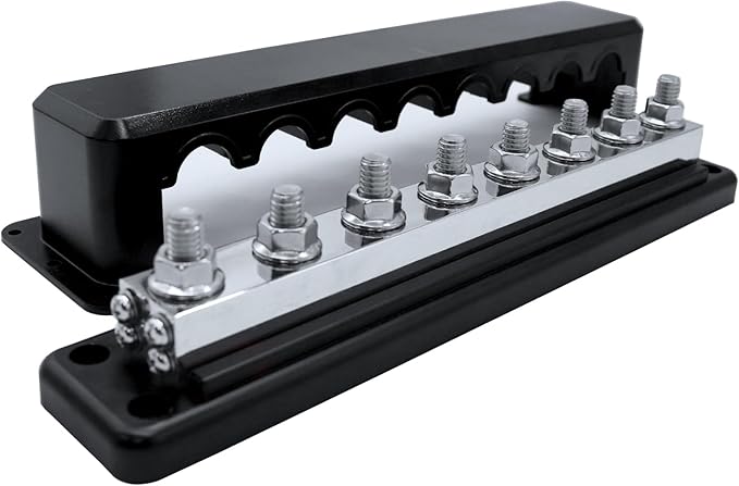 600 A High Current Copper Bus Bar 300V AC / 48V DC 8 Way 3/8 inch (M10) Studs 8#8-32 Screws Electrical Terminal Ground Distribution Block Battery Buss Bars with Cover (Black)