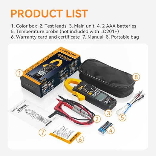 Digital Clamp Meter 6000 Counts Voltage Tester with Auto Range,AC/DC High Voltage,AC/DC Current,DC Power, ACV VFD, Resistance, Capacitance, Diode, Live Wire Test, NCV, True RMS,AC Current Meter LD206+