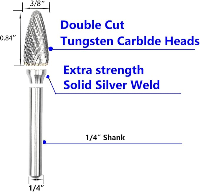 Carbide Burr Set 1/4" Shank SF-3 Die Grinder Bits Tungsten Double Cut Burr Bits (3/8" Cutter Dia X 0.84" Cutter Length) for Die Grinder Kits Metal Grinding Drilling Polishing (3pcs)