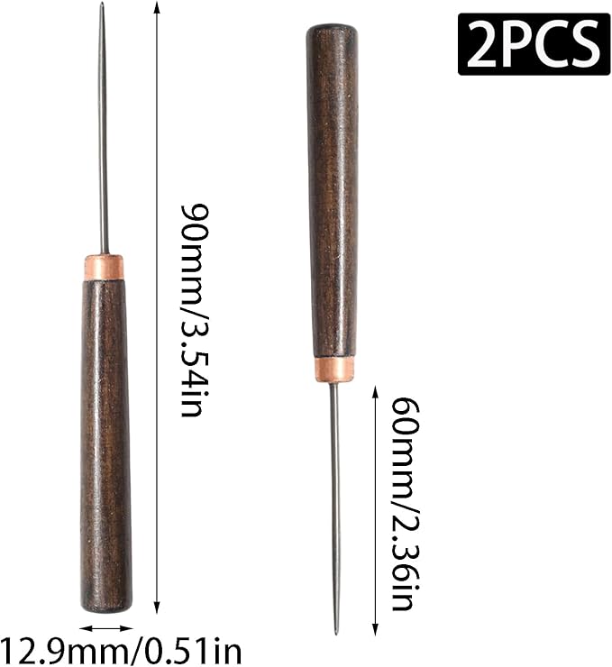 Yinluluna 2Pcs Scratch Awl Tool, Wooden Handle Slender Awl for Leather Craft Repair, Punching Stitching and Sewing