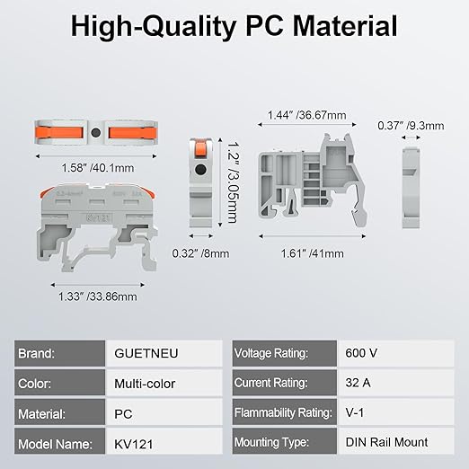KV121 Terminal Block Kit, 600V 32A 24-12 AWG Compact Lever Wire Connectors, 12.6” DIN Rail Included, Quick Wiring Connection, DIN Rail Terminal Blocks Kit
