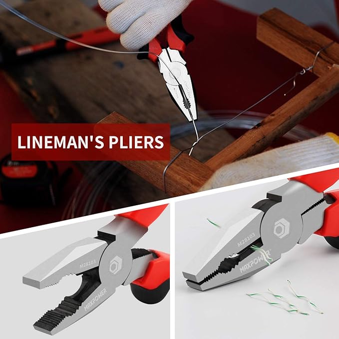 MAXPOWER 6 Pieces Wrench and Pliers Set, Come with Kitbag, Included 8" Long Nose and Lineman's Plier, 8" Adjustable Wrench, 6" Diagonal Cutter, 7" Locking Pliers, 10" Groove Joint Plier
