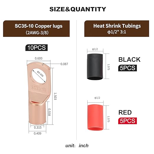 Thick Copper Electric Wire Lugs,10Pcs Bare Copper Gauge 2Awg-3/8(M10) Ring Heavy Duty Battery Cable Lugs Ends Ring Terminals Connectors with 10Pcs 3:1 Heat Shrink Tubing Assortment Kit