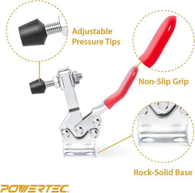 POWERTEC 4PK Toggle Clamp, 500 lbs Holding Capacity, 225D Quick Release Horizontal Clamps w/ Antislip Rubber Pressure Tip for Woodworking Jigs and Fixtures, Welding, Drill Press, Crosscut Sled (20326)