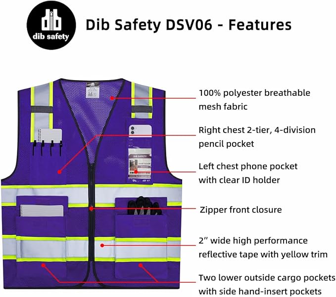 Dib Safety Reflective Mesh Vest High Visibility Two Tone with Pockets and Zipper, Purple Mesh with Yellow Trim 3XL