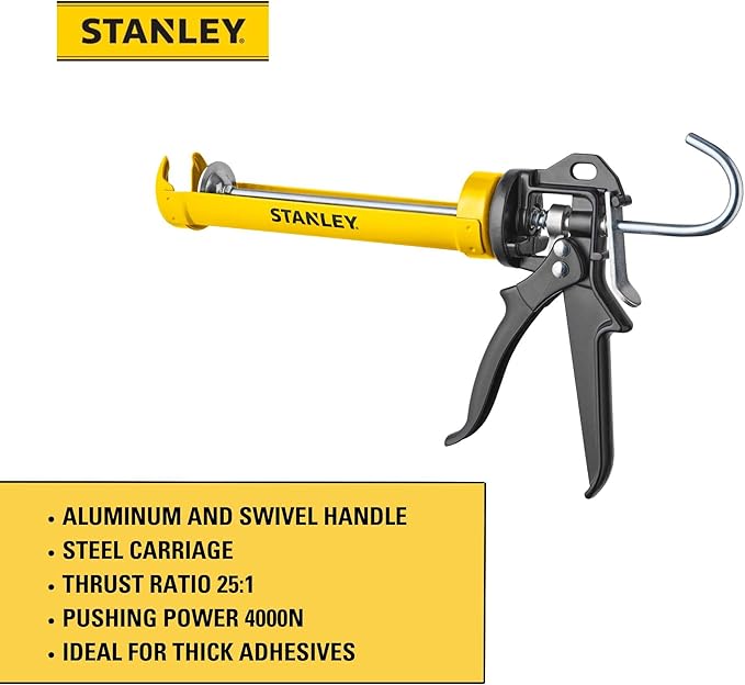 Stanley Professional Caulking Gun - 10 Oz Silicone Sealant Gun with 4000N Pushing Power, Caulk Gun No Drip Function, Steel Carriage & Aluminum Swivel Handle Sealant Gun | 25:1 Thrust Ratio, 1 Pack