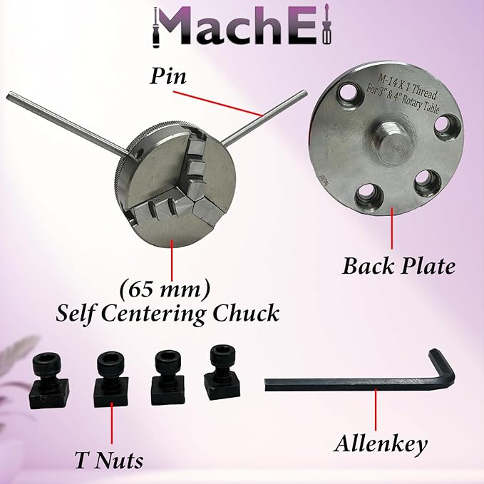 MachEl 3" Tilting Rotary Table with 65mm Self-Centering 3-Jaw Chuck, Back Plate, T-Nuts, Bolts & Tailstock - Precision Milling & Engineering Tool