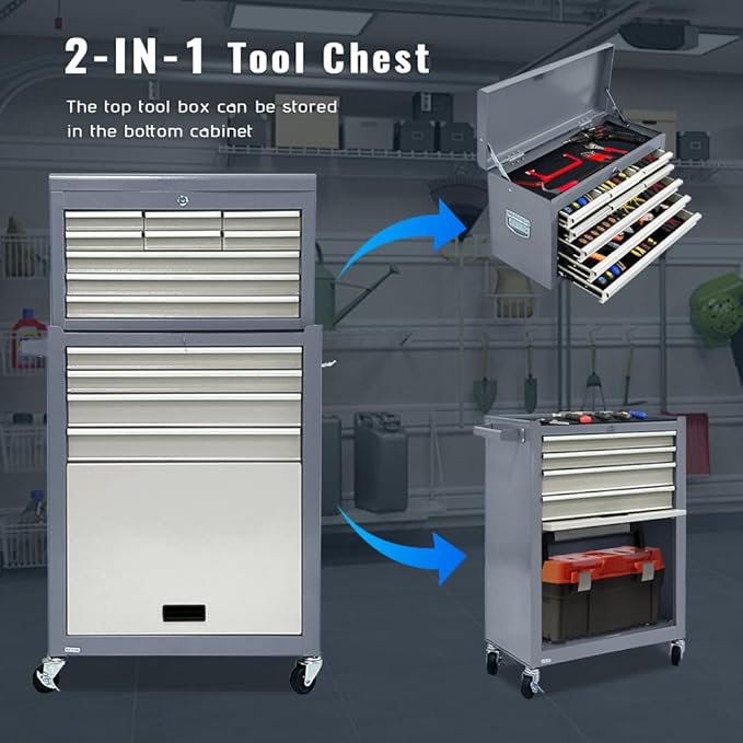 13-Drawer Rolling Tool Chest with Wheels, 2 in 1 Detachable Rolling Tool Chests, Moblie Tool Cabinet with Drawers, Large Lockable Tool Box, Metal Standing Toolbox for Garage Workshop(Gray)
