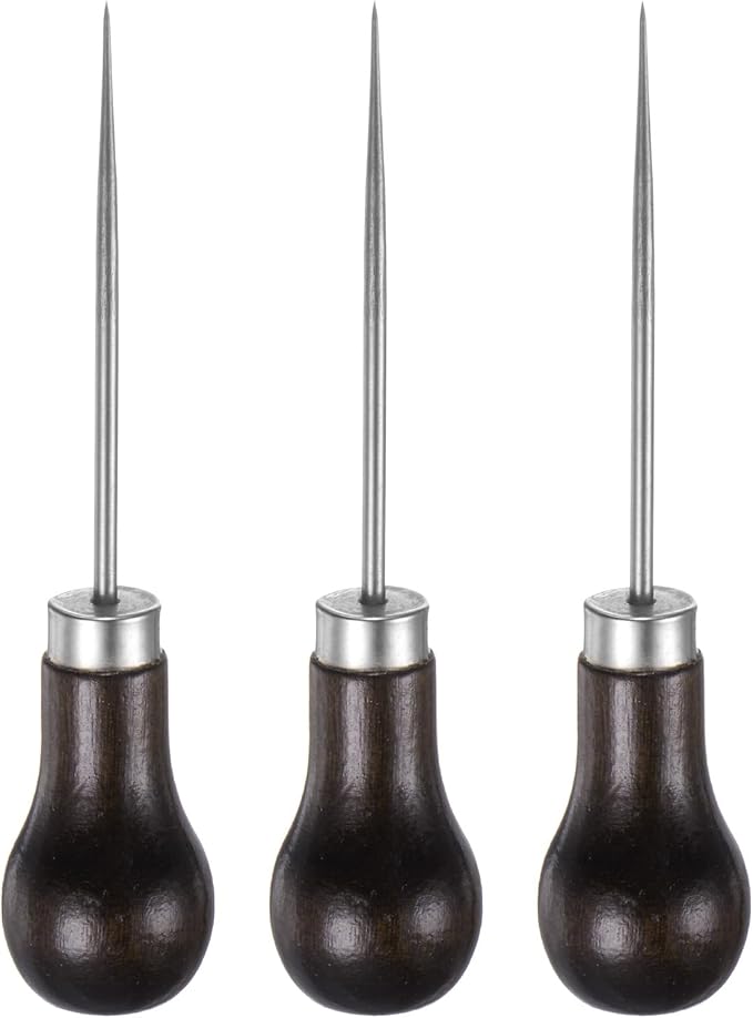 HARFINGTON 3pcs Handwork Sewing Awl Single Gourd Awl Leather Punch Hole Tool with Wooden Handle Scratch for Broken Wire Make Mark Drilling Stitching Repair and DIY Handmade, Dark Brown