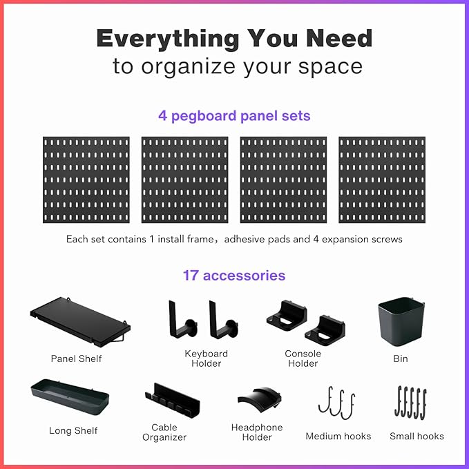 Keepo Pegboard Combination Kit, Pegboards and Accessories Modular Hanging for Gaming Setup, Gaming Station Peg Board, Gaming Organizer, Wall Game Controller Holder, Headset Stand, (Black, 22″×22″)
