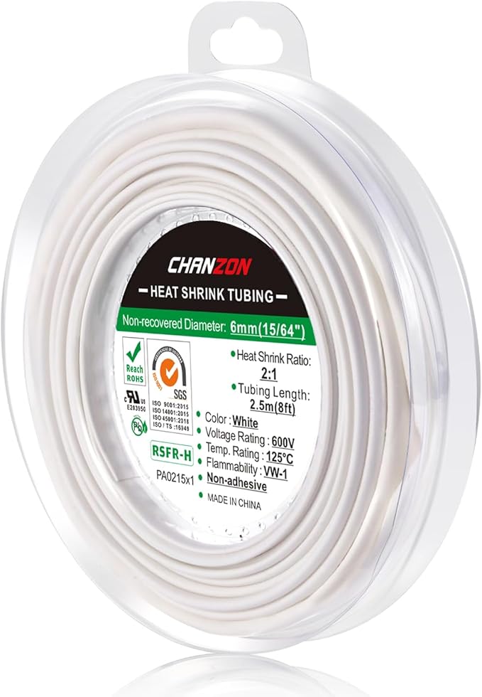 Chanzon 2:1 Ratio 1/4" (6mm) Heat Shrink Tubing 8Ft Roll (2.5M Total Length) White Polyolefin Sleeving Wrap Shrinking 2 to 1 1pcs