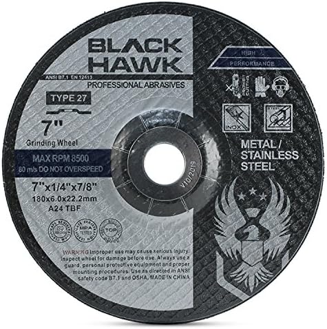 BHA Depressed Center Metal Grinding Wheels for Angle Grinders, 7” x 1/4” x 7/8” - 5 Pack