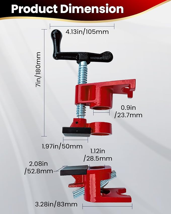 Pipe Clamps 3/4 inch 6 Pack Pipe Clamp with Unique Foot Ideal for Carpentry, Home Improvement, and DIY Projects Wood Gluing Clamps (Red, 3/4 IN with Pads)