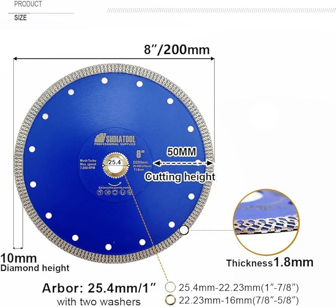 SHDIATOOL Diamond Saw Blade 8 Inch Cutting Disc Porcelain Tile Ceramic Granite Marble Brick