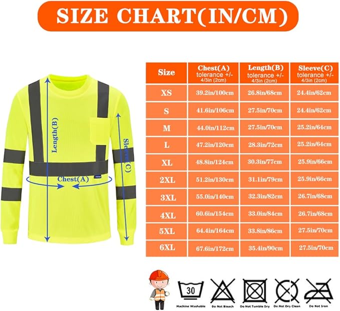 AYKRM Safety T Shirt Reflective High Visibility hi vis Long Sleeve T Shirt (XS-6XL)
