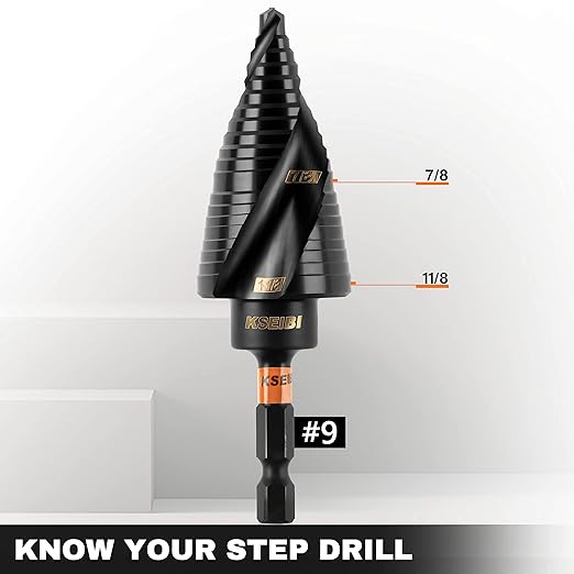 KSEIBI 2 Steps 7/8 & 1-1/8 inch SAE Standard Industrial Grade Step Drill Bit Ready Impact 1/4 inch Shank, 575080 High-Speed Steel Metal Drill Bits Black Oxide M2 Material